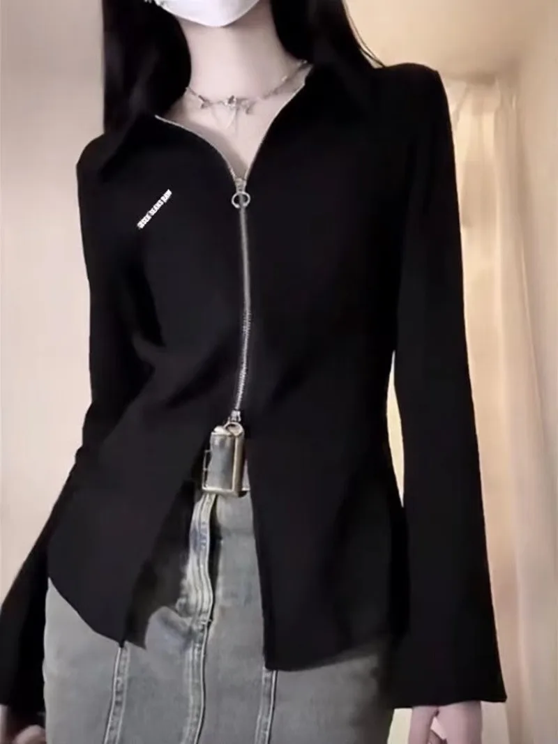 

Футболка с длинным рукавом Y2k Одежда Молодежные блузки Женский осенний топ на молнии Черная тонкая футболка Поло Укороченный топ Корейский стиль 2024