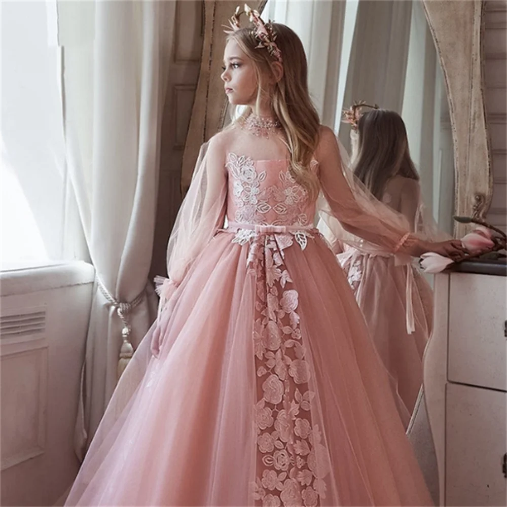 Flower Girl Dresses Tulle Lace Printing Trailing splendida principessa festa di nozze palla prima comunione abiti regalo di compleanno