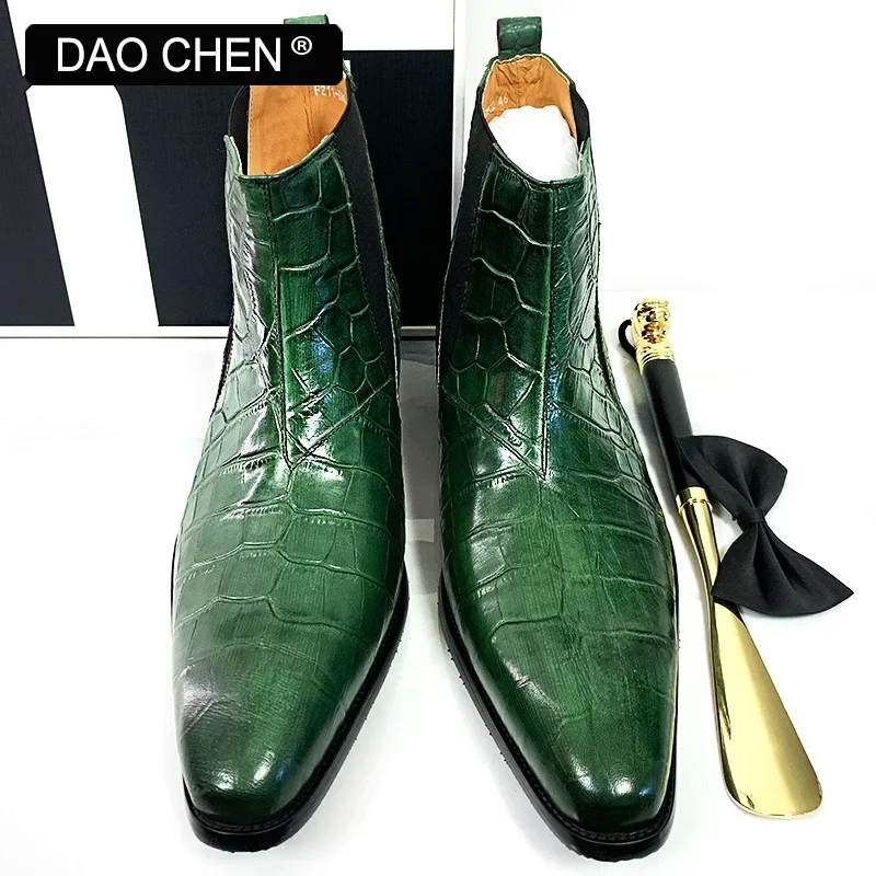 LUXURY BRAND MEN\'S BOOTS GREEN BLACK CROCODILE PRINT ANKLE BOOTS CASUAL DRESS MEN SHOES OFFICE WEDDING LEATHER BOOTS MEN