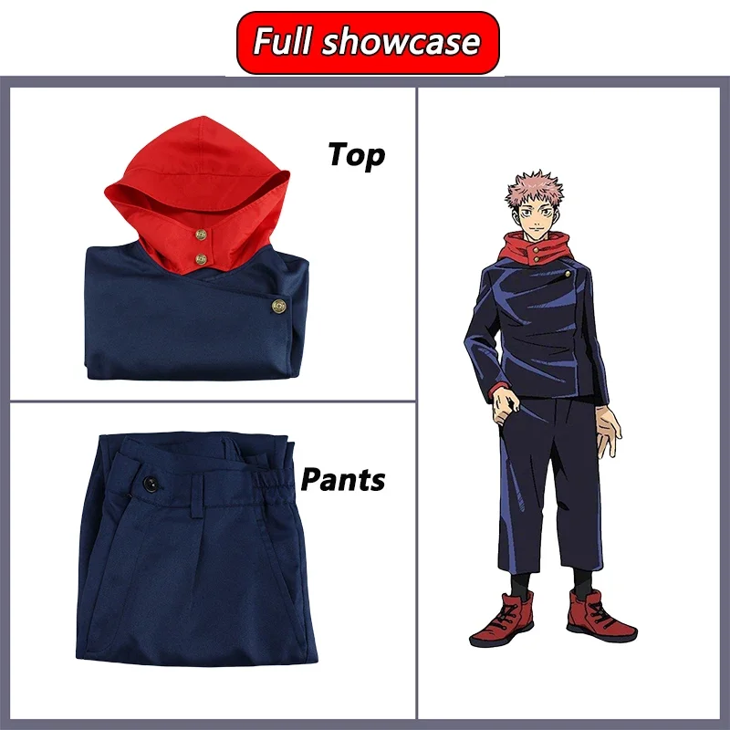 Itadori Yuji Cosplay Anime Jujutsu Kaisen Yuji Itadori Cosplay Kostuum Pruik Outfits Blauw/Zwart Top Broek Uniform voor Mannen Vrouwen