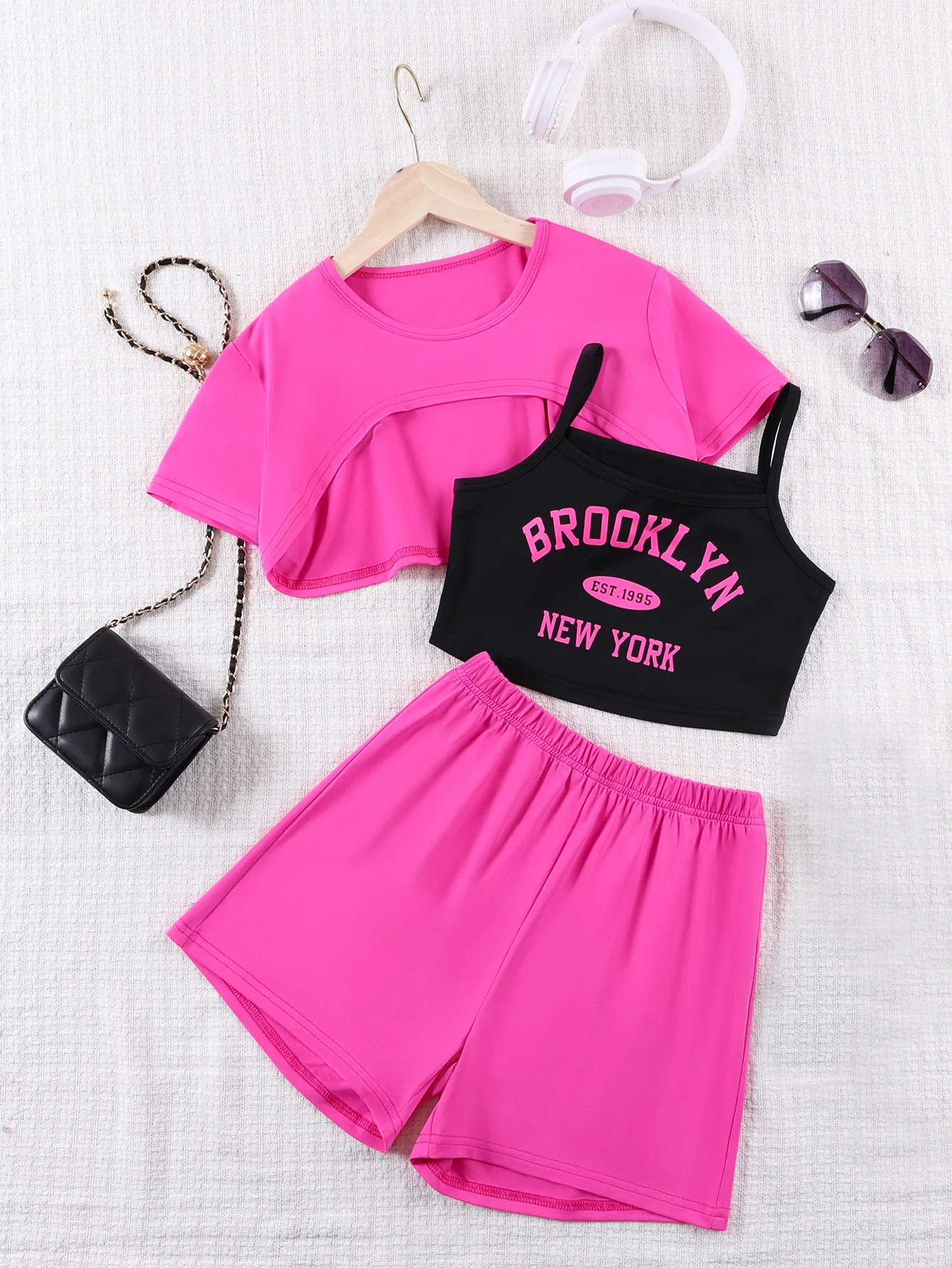 Tween-ropa para niñas, conjunto de 3 piezas de verano para niños, Top corto informal de Color sólido con cuello redondo, camisola y pantalones cortos con estampado de letras