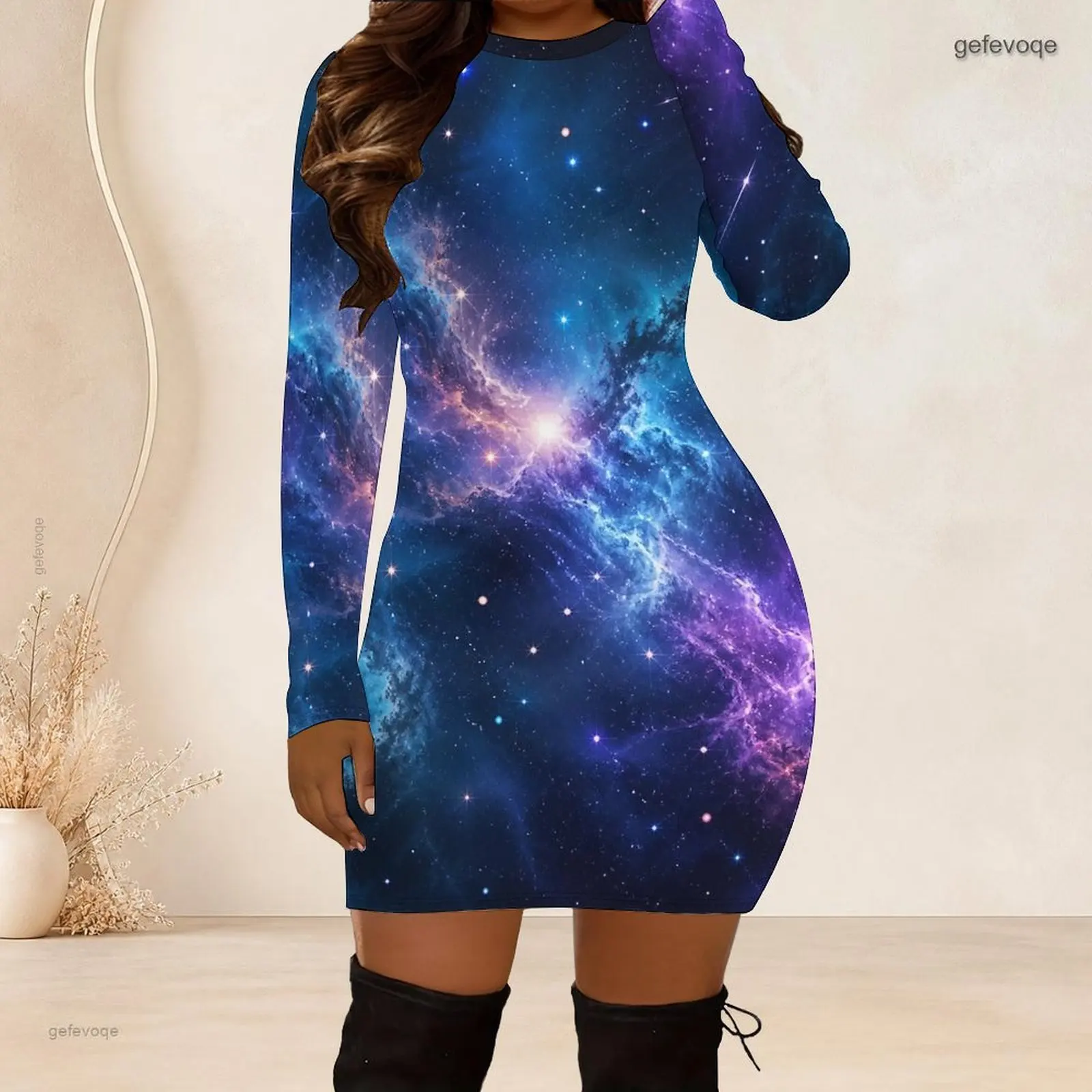 Women Crew Neck Long Sleeve Bodycon Mini Dress Slim Fitted Pencil Short Dress Custom Print Ladies Club Party Dresses