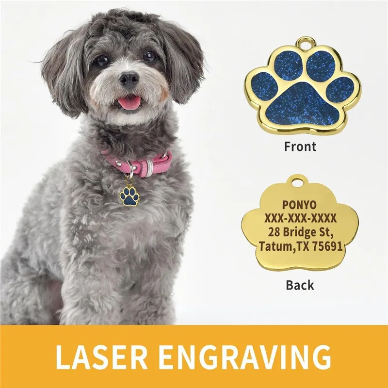 Personalized Collar Pet ID Tag Custom Free Engraved Cat Dog Puppy Name Necklace Gold Paw Glitter Pendant Pet Accessories 3CM