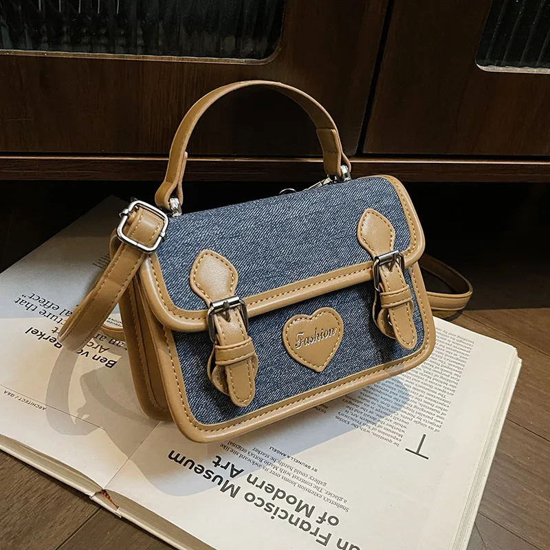 

2025 New Denim Tote Bag for Women Trendy Colorblock College Style Casual Work Handbag Chic Square Shoulder Purse Office