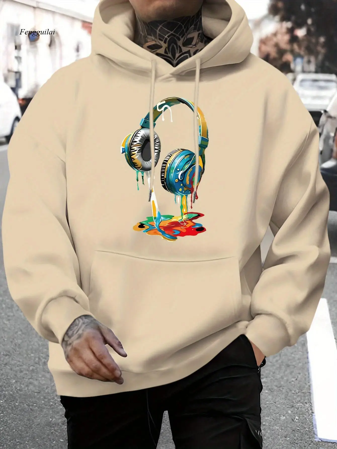 Casual Hoodie with Headphones Graphic Print, Geometric Pattern Pullover Sweatshirt, Kangaroo Pocket & Stretch Fabric