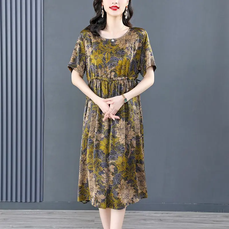 2023 Summer New Fat Mom Cover Up Large Luxury Print Dress Simple Commuter trend Print girocollo a-line Dress