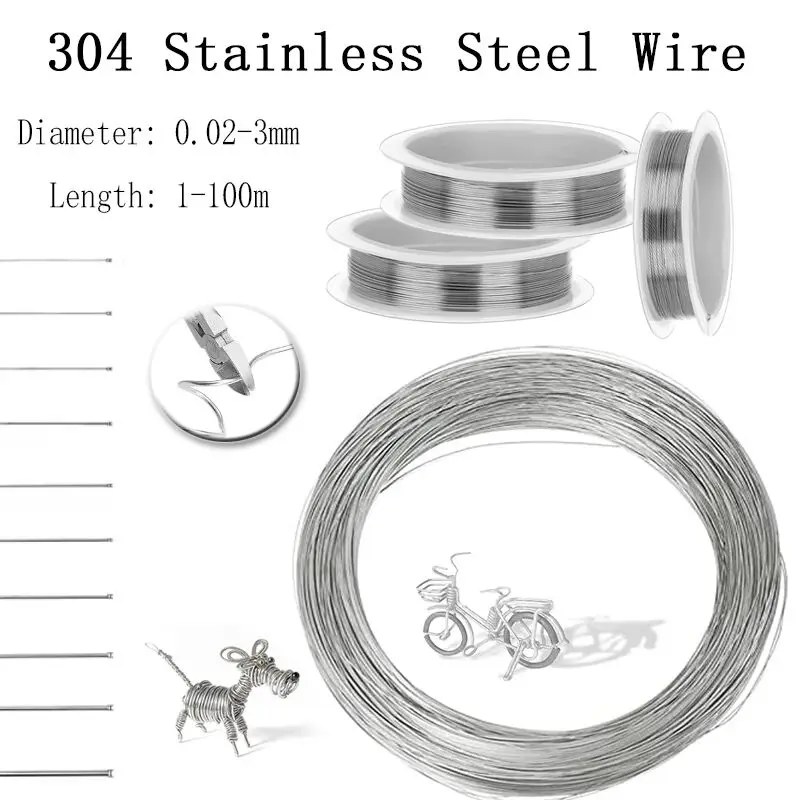 1-100M 304 Stainlesss Steel Spring Wire Hard/Soft Single Strand 0.02-3mm Anti-Rust Craft Wire for Lashing DIY