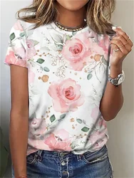 T-Shirt estive fiore di rosa stampa 3D Streetwear maglietta oversize con scollo a o moda Casual floreale da donna Y2K top da ragazza femminile Tees