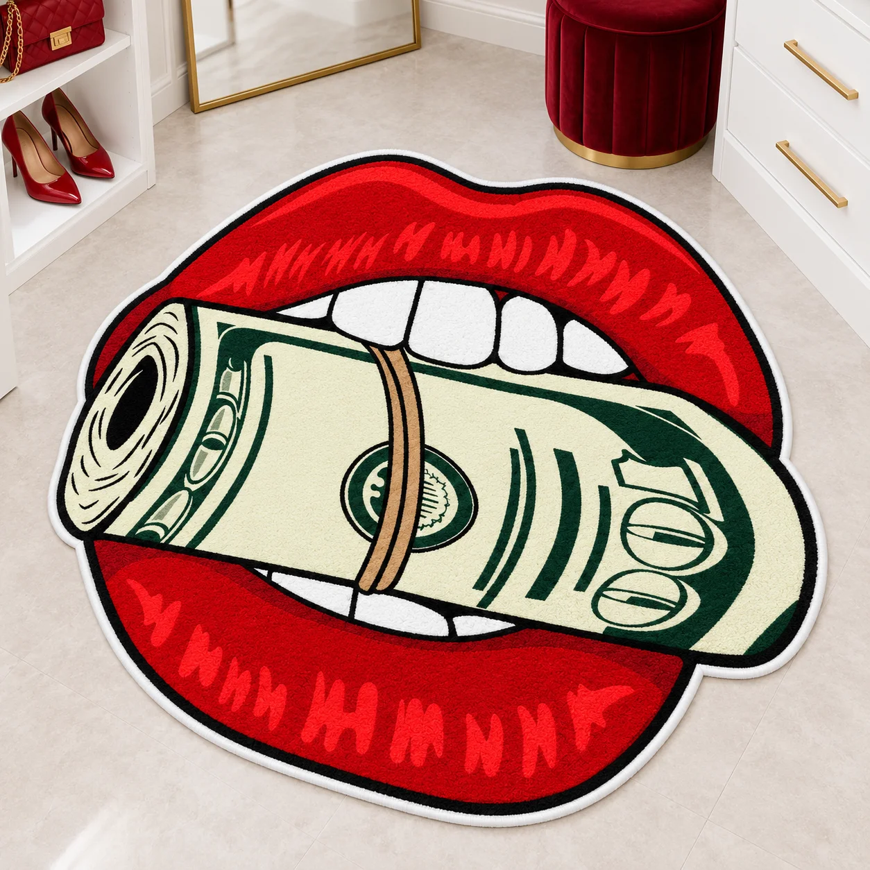 Red Lips Money Roll Shaped Area Rug Soft Flannel Floor Mat for Bedroom Dressing Room Lounge Bold Decorative Home Decor Gift