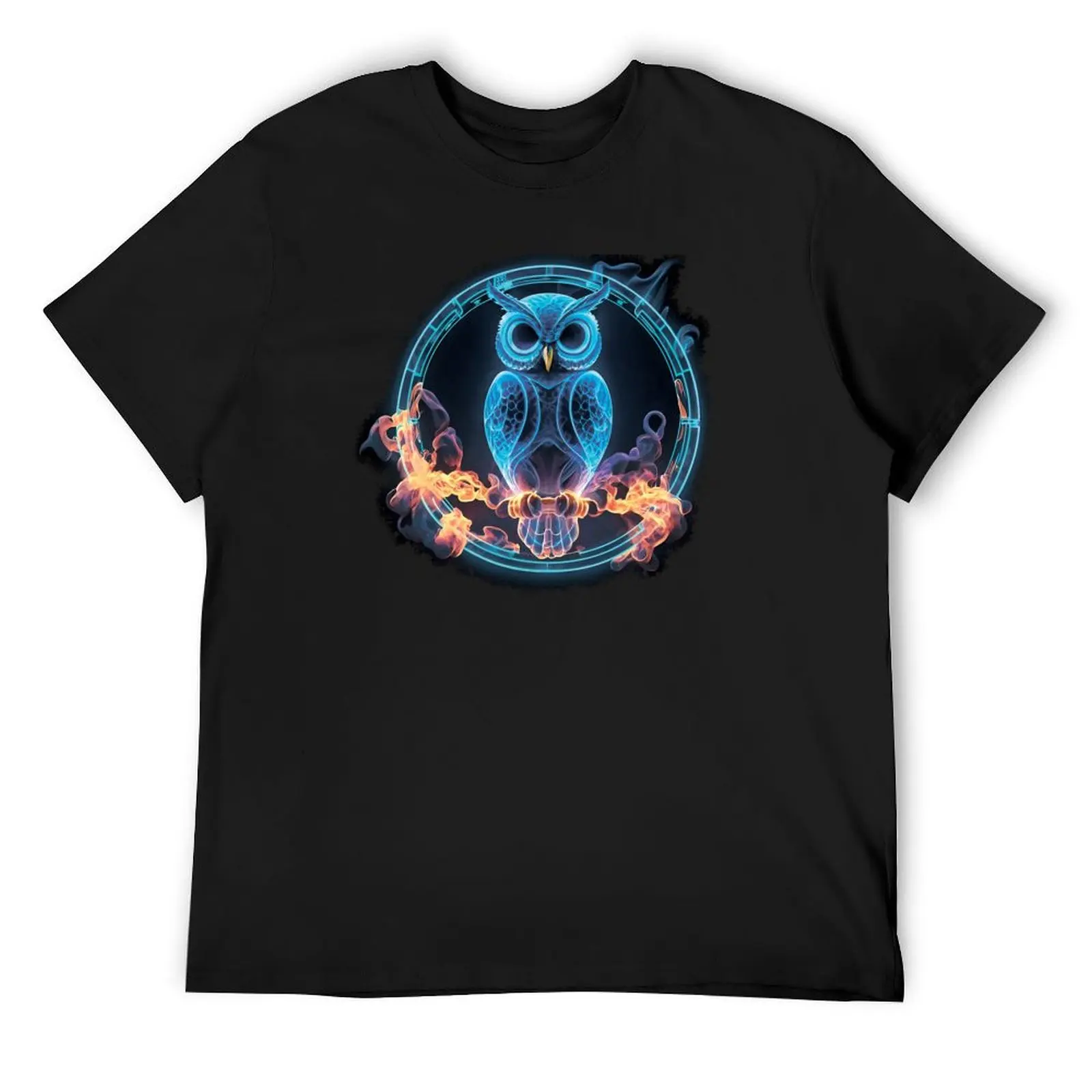 

Neon owl in a circle, in flames T-Shirt sweat animal prinfor boys Aesthetic clothing anime tshirt slim fit t shirts for men