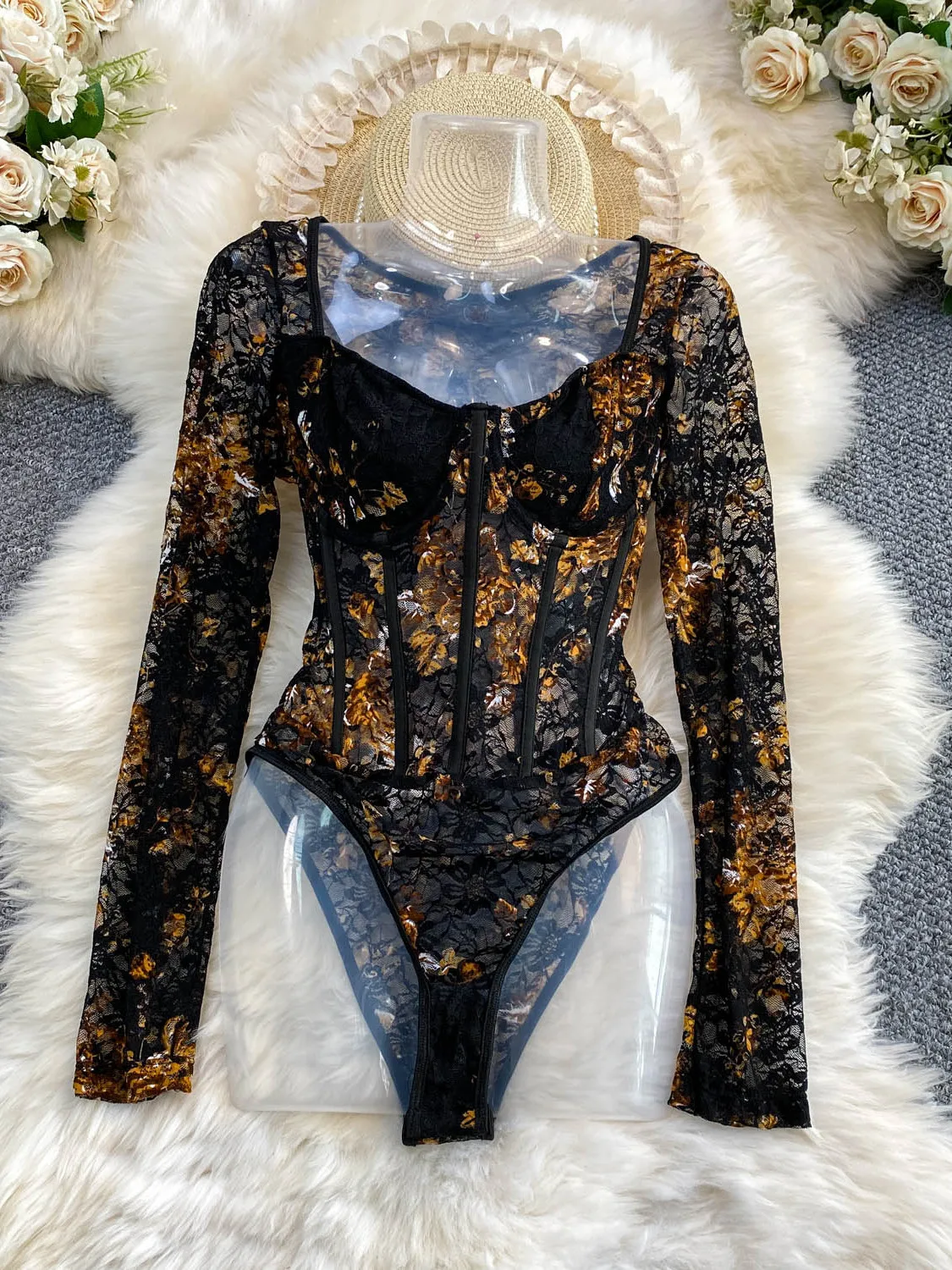 Retro Sexy Flocking Lace Square Collar One-Piece Women's Summer Slimming Fishbone Design Trendy Jumpsuit High Waist Short Pants