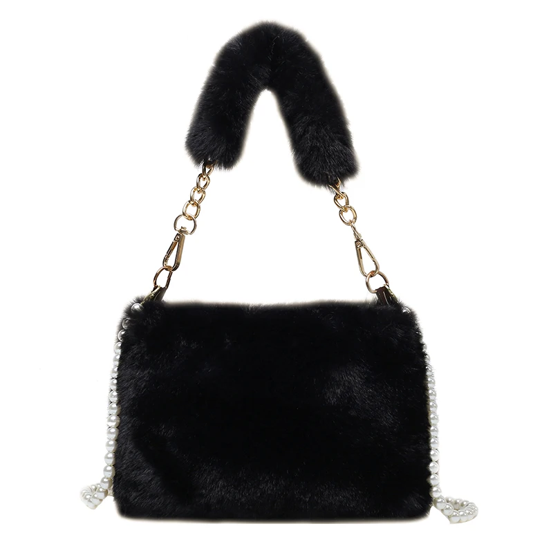 Fuzzy Tote Bags For Women 2022 Winter Soft Fluffy Messenger Bag Furry Handbag Pearl Chain Fur Shoulder Bag Plush Crossbody Bag