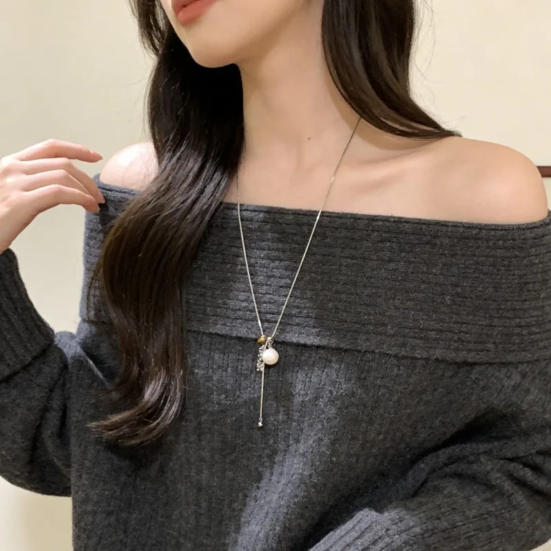 Vintage Tiger Eye Faux Pearl Grape Cluster Tassel Sweater Chain Necklace For Women Fall Winter Artistic Layered Premium Daily