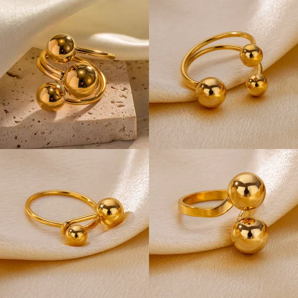 Stainless Steel Double Ball Adjustable Ring For Women Unisex Gold Color Trendy Finger Rings Decompression Jewelry Gifts Anillos