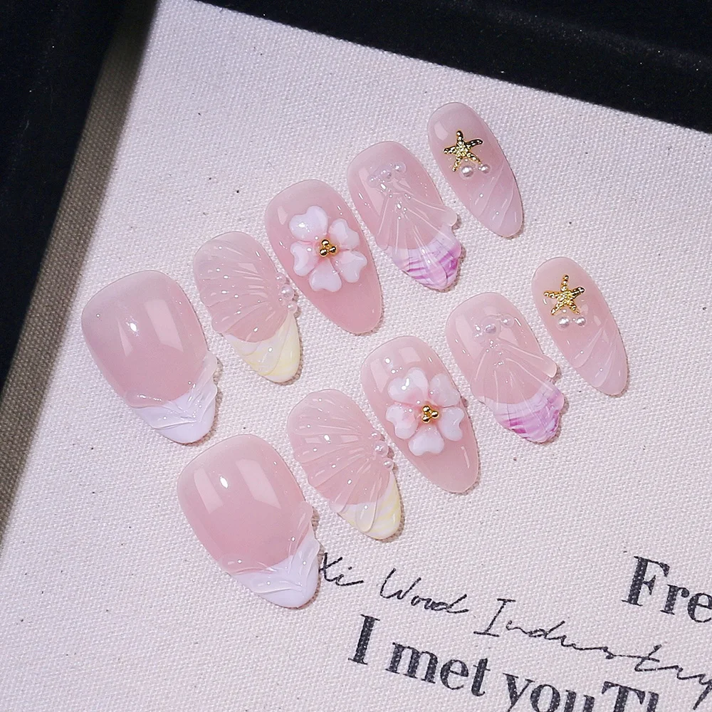 10pcs Short Almond Handmade Press On Nails Kit, Pink Fake Na