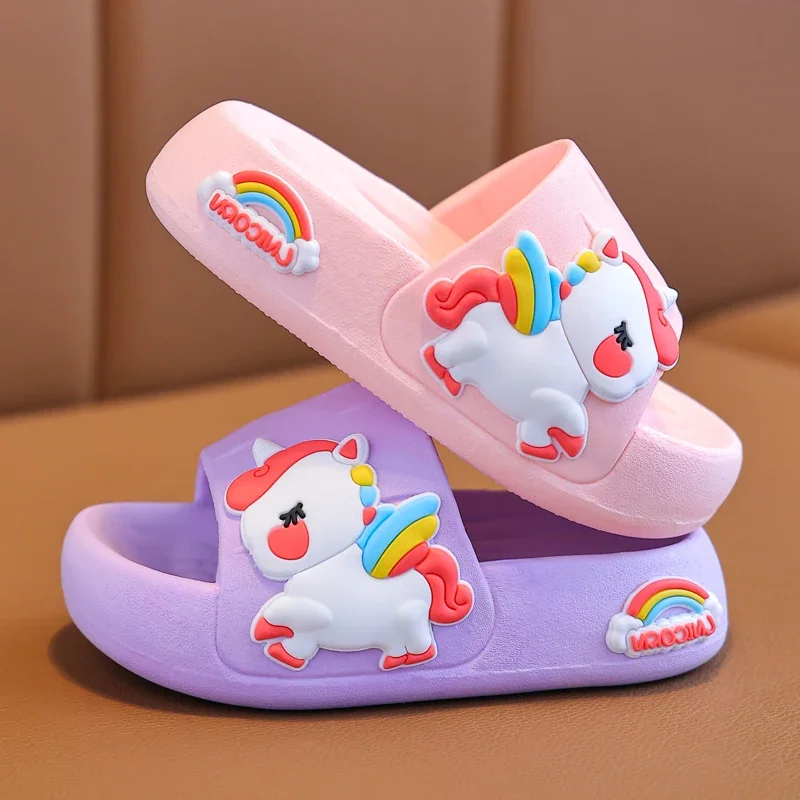 Summer Kids Home Shoes Flip Flops Baby Girls Slippers for Children Cartoon Unicorn Bathroom Antislip Thick Sole Slides 2-8 Years