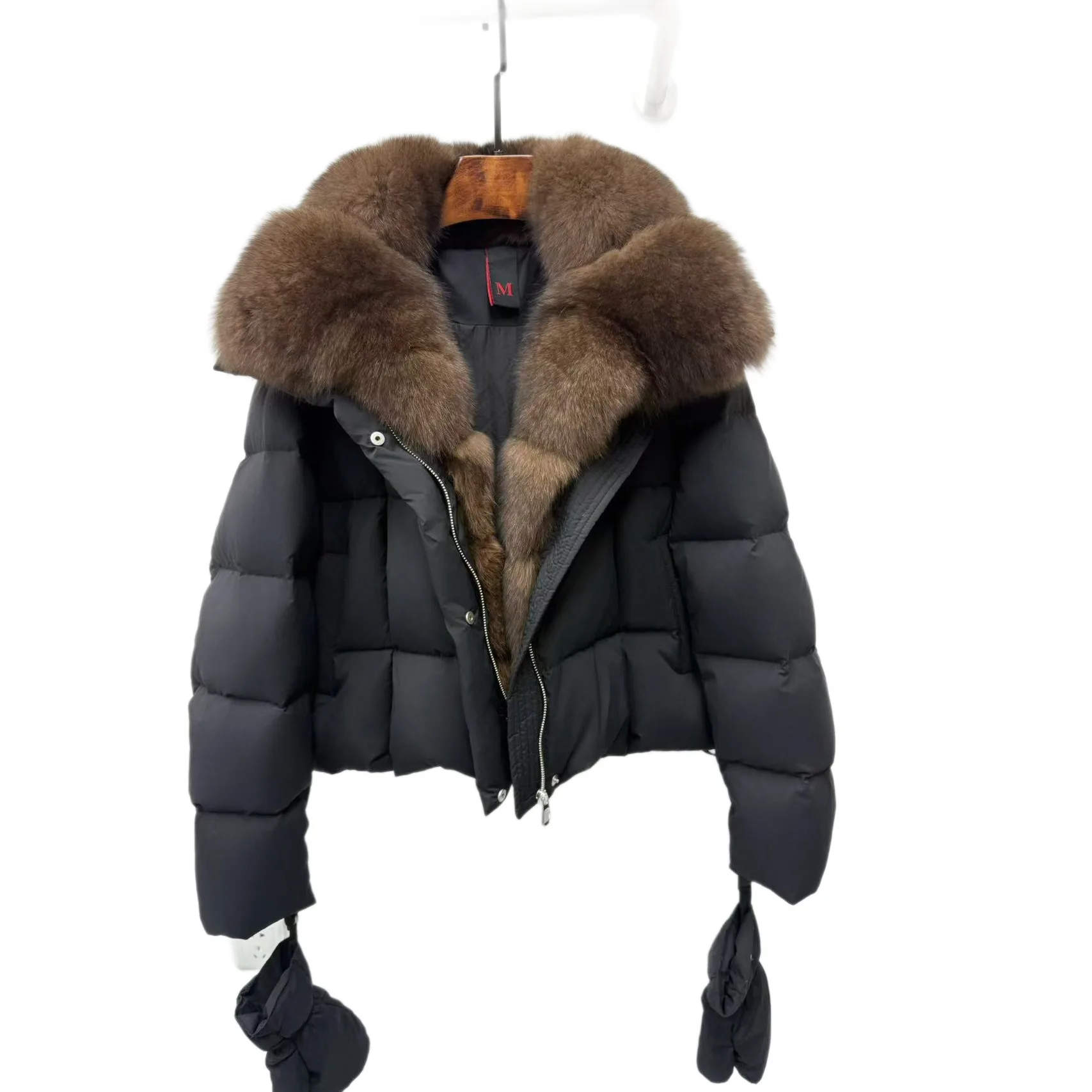 

Зимняя новинка 2025: роскошная женская короткая свободная утепленная куртка с большим воротником из лисьего меха и перчатками