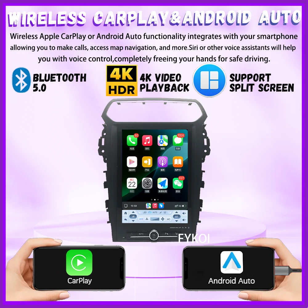 شاشة Carplay لاسلكية 12.1 بوصة تعمل بنظام أندرويد 15 لسيارة فورد إكسبلورر 2013-2019، راديو السيارة، وحدة رأس الفيديو متعددة الوسائط، بلوتوث 4G، واي فاي، DSP #2