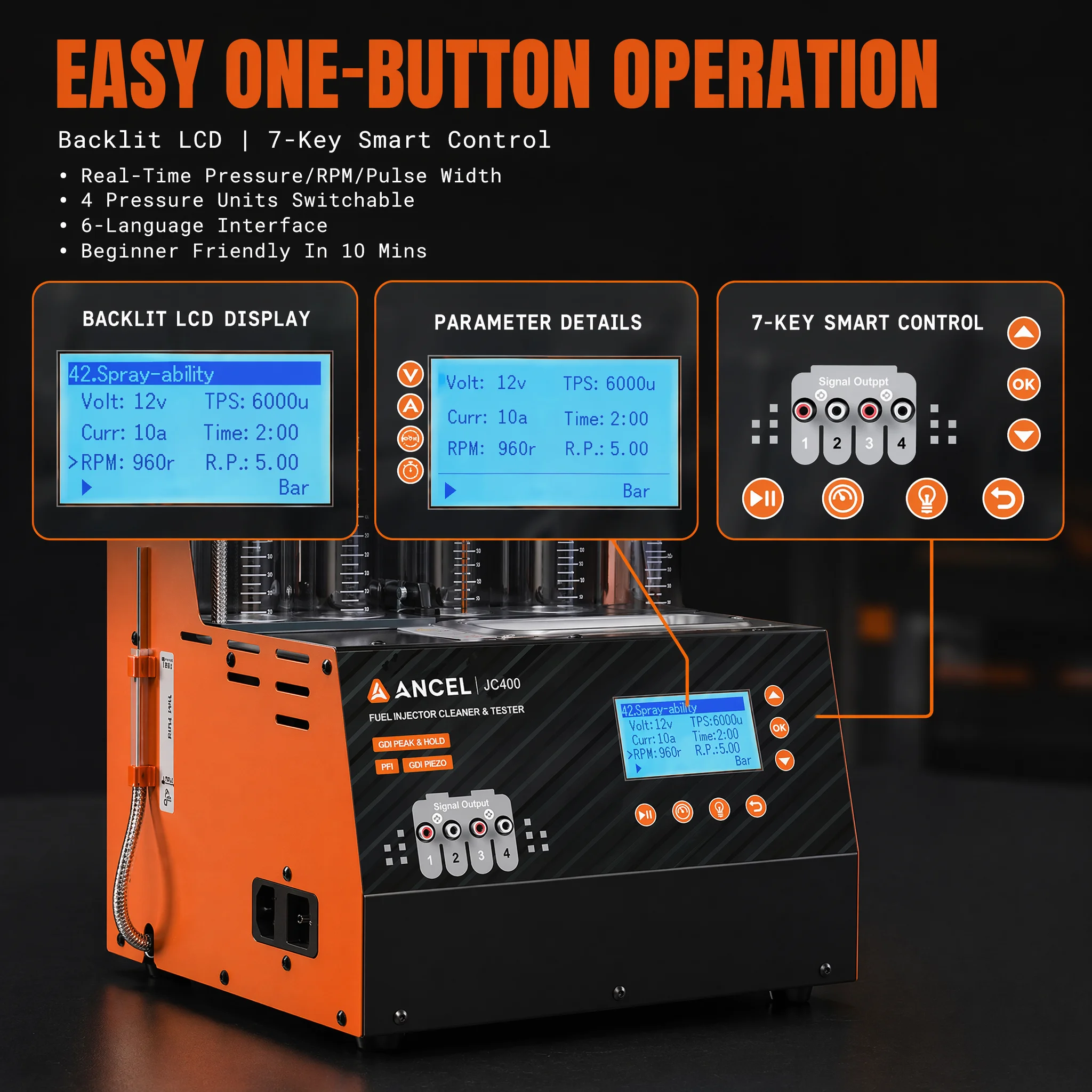 ANCEL JC400 Fuel Injector Tester Cleaner for PFI EFI GDI Piezo Nozzle 4 Cylinder  1-20 Bar Ultrasonic Cleaning Automotive Tool