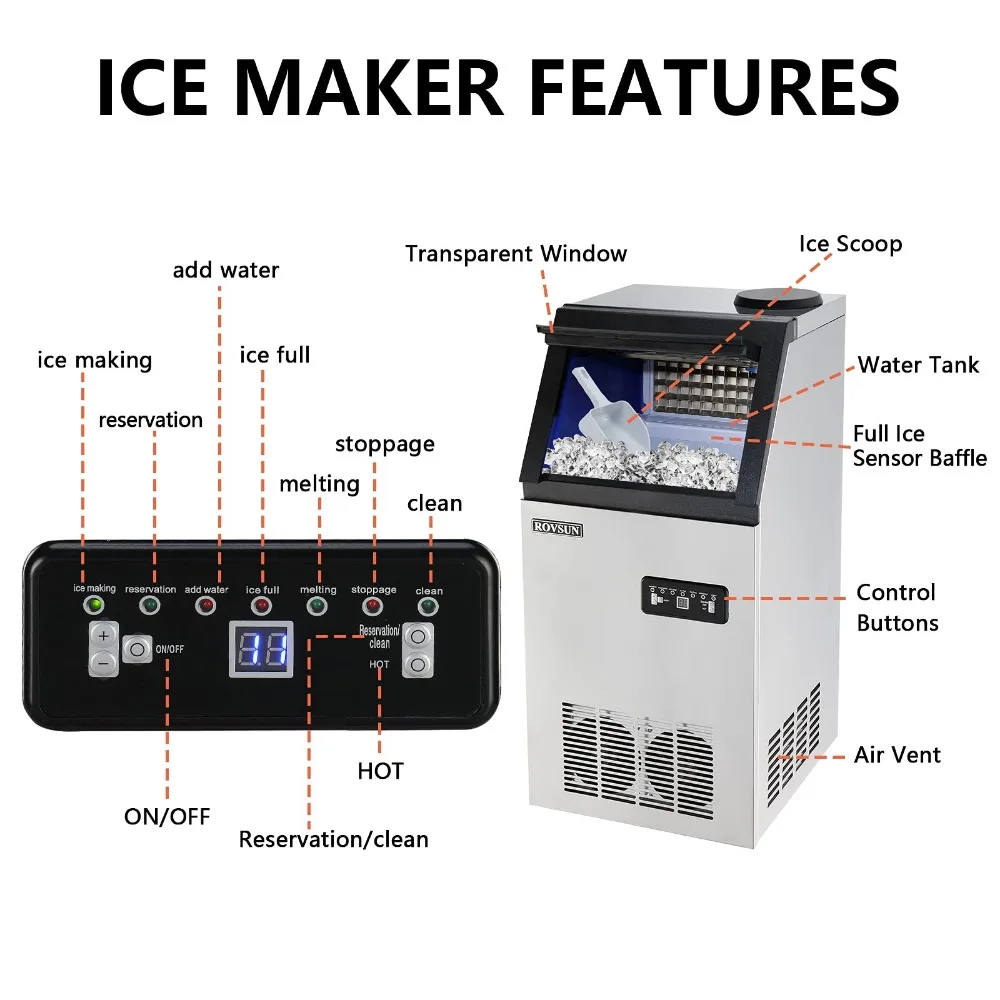 2024 New Commercial Ice Maker Machine with 2 Water Inlets, Freestanding Ice Machine with 24lbs Storage Bin