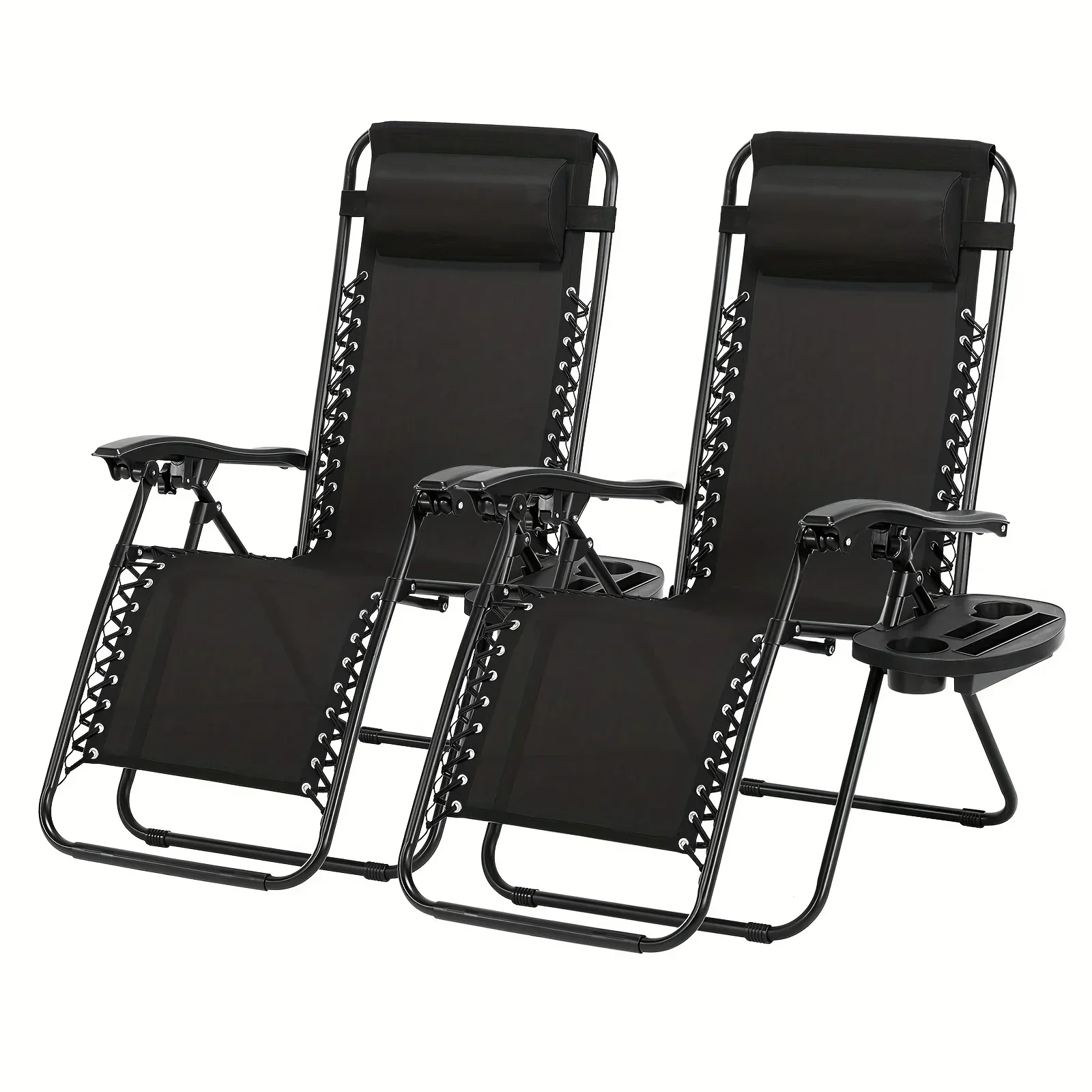 2PCS Folding Camping Chairs Zero Gravity Chair Patio Recliner Chair With Cup Holder Adjustable Headrest Reclining Lounge Chair