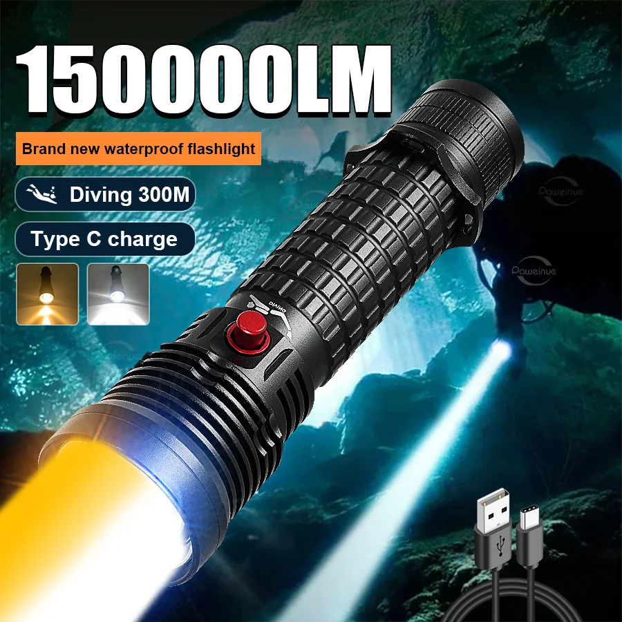

Самый мощный 2 * 30W дайвинг фонарь типа C аккумуляторный профессиональный дайвинг факел IPX8 подводный дайвинг 300м фонарь