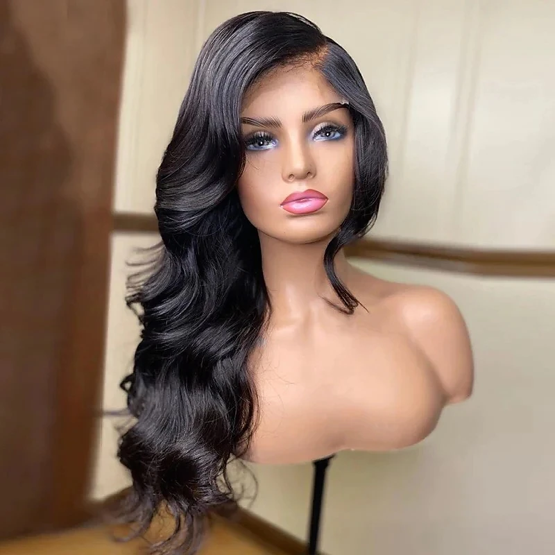 

Natural Black Color Loose Wavy Synthetic Hair Wigs for Women Glueless 180% Density Long Lace Front Wigs with Baby Hair