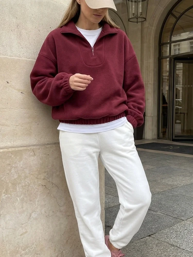 Tossy Fleece Half Zip Sweatshirt Long Sleeve Mock Neck Drop Shoulder Ribbed Cuff Ribbed Hem Oversized Daily Street Sweatshirt