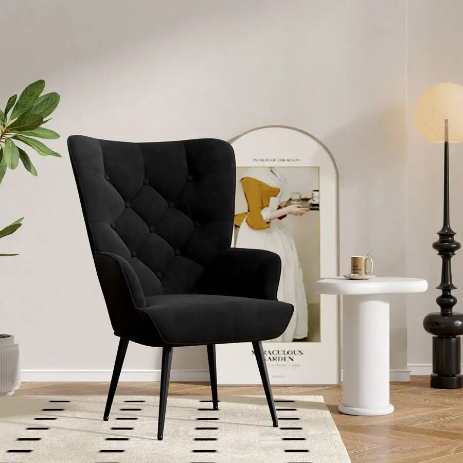 Mid-Century Modern Velvet Accent Chair, Tufted Wingback Armchair With Metal Legs, High Back Upholstered Reading Chair For Living Room & Bedroom