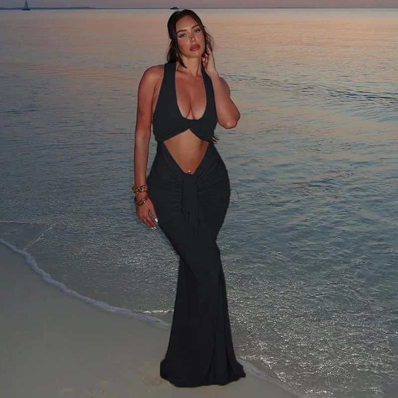 Solide torsion évider ruban sirène Maxi robe de soirée femmes mode Sexy col en U sans manches froncé moulante Clubwear longue robe