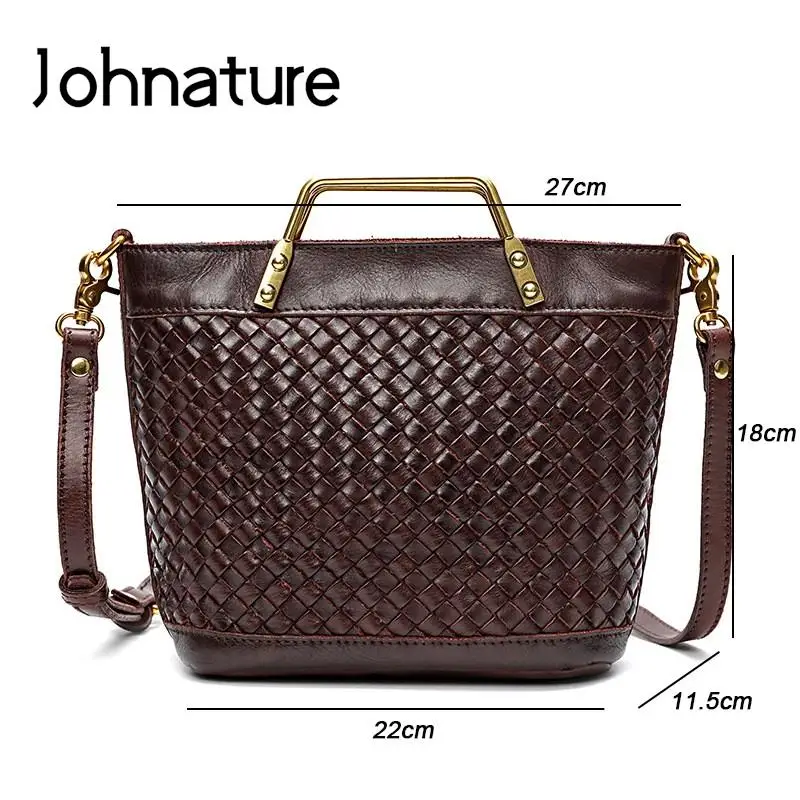 Johnature Hand Woven Women Bag Genuine Leather Vintage Handbag Simple Solid Color Natural Cowhide Shoulder & Crossbody Bags