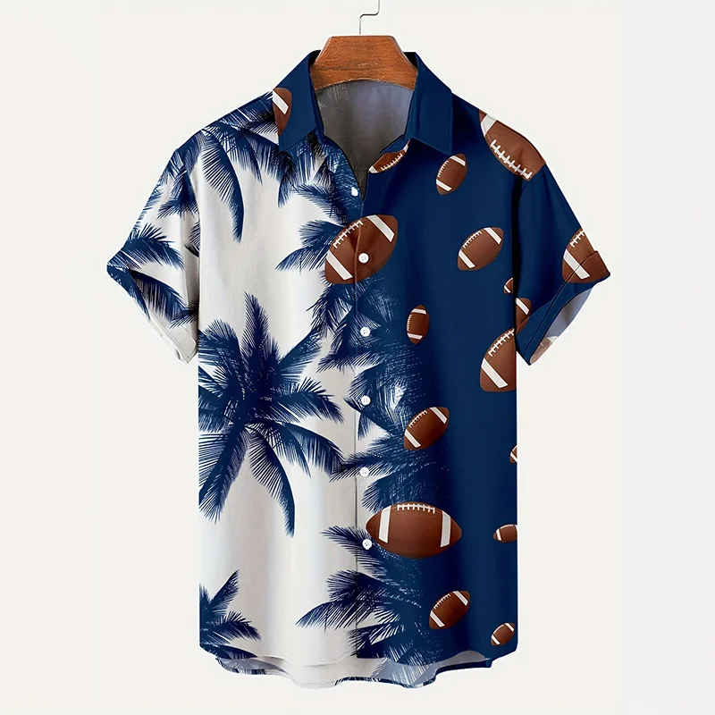 Tropical Vacation Style 3D Rugby Paired with Coconut Tree Pattern Shirt - Men's Loose and Comfortable Short Sleeved Shirt