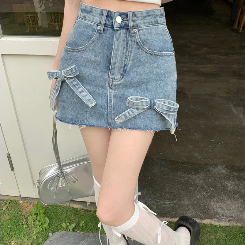 

Washing Water Denim Skirt South Korea Fashion Summer High Waist Three-Dimensional Bow Hair Border Skirt