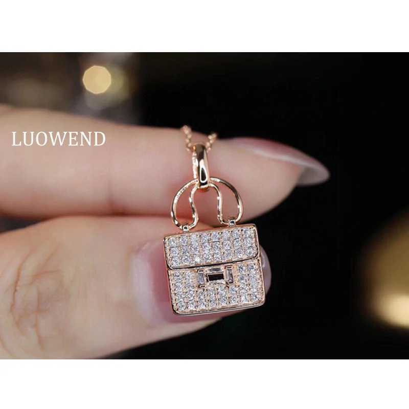 LUOWEND 18K Rose Gold Necklace Elegant Bag Shape 0.35carat Real Natural Diamond Pendant Necklace for Women High Anniversary Gift