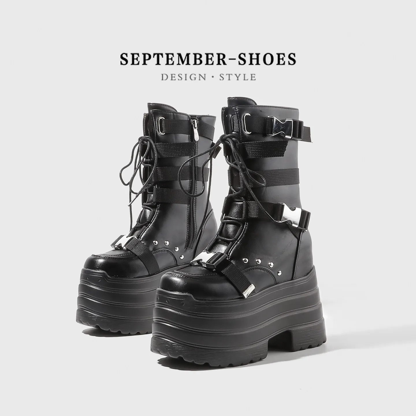 Punk Aesthetic Platform Boots Unisex Multi‑strap Buckle Lace Up Side Zipper Chunky Thick Sole Elevator Short Cos Combat Boots