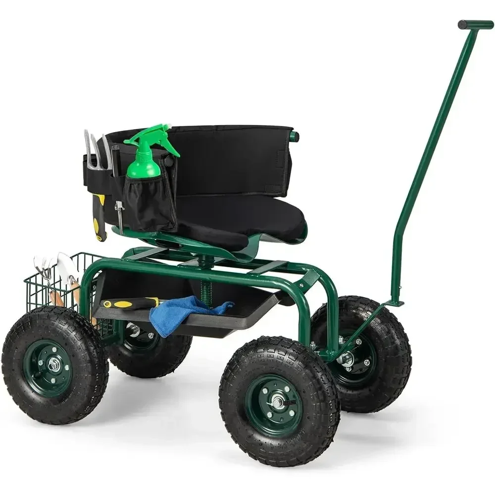 Outdoor Garden Cart with 360° Swivel Seat, Tool Storage, and Dual Steering Handles