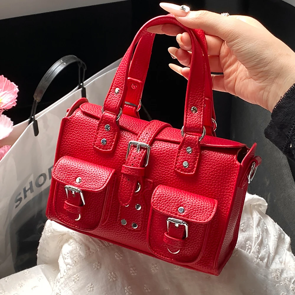 

Trendy Multi-pocket Handbags for Women Motorcycle Style Square Box Single Shoulder Bags Commuting Cool Crossbody Bag Day Pack