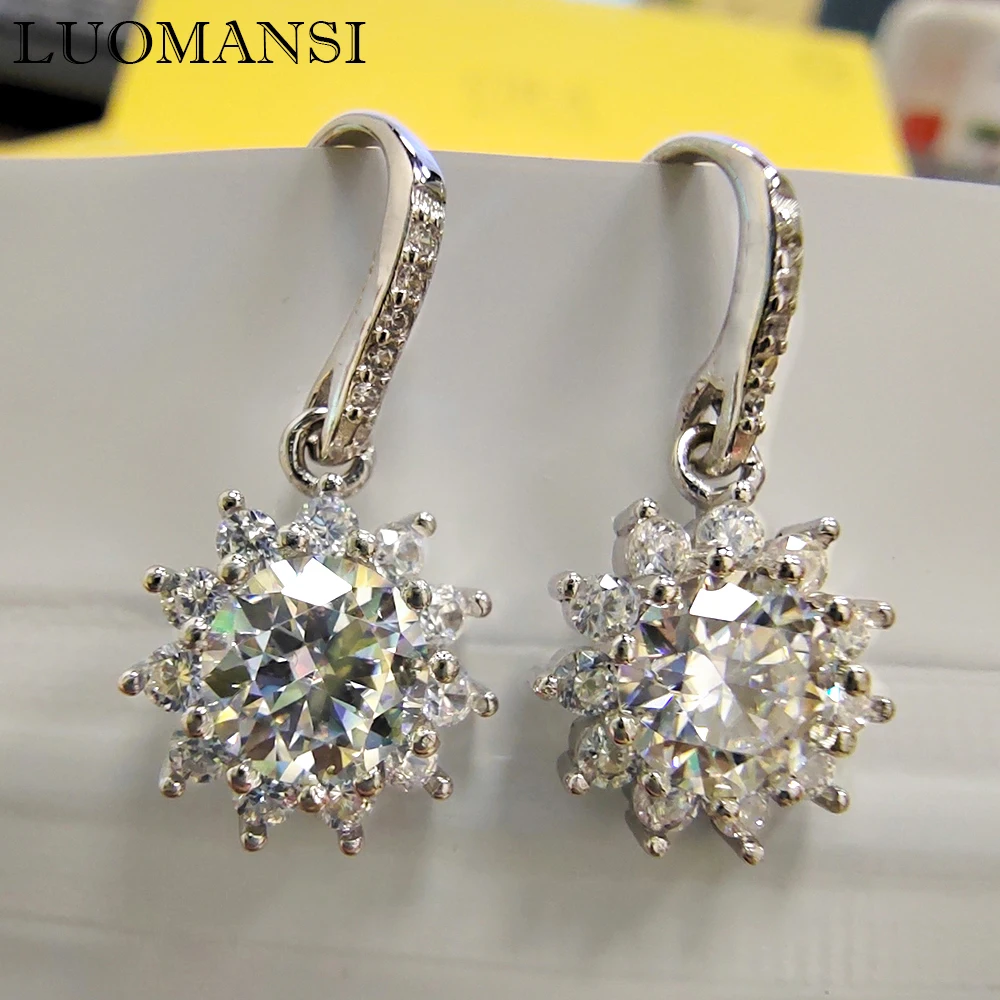 Luomansi 1+1CT Moissanite Sun Flower Earrings for Women 925 Silver Jewelry Wedding Party Anniversary Gift GRA Certificate