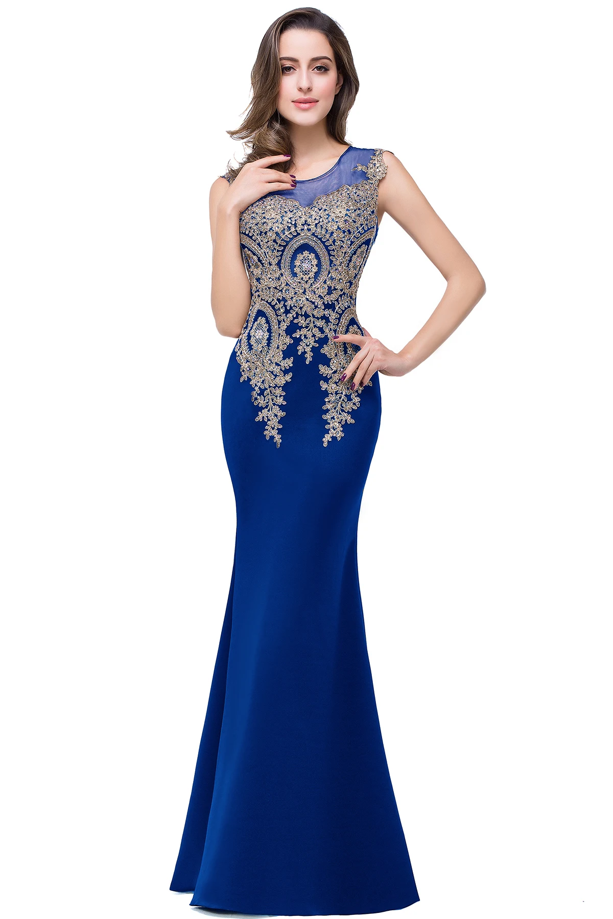 

BABYONLINE In Stocks Luxury Beads Mermaid Evening Dresses Royal Blue Appliques Sheer Bodice Prom Party Dresses Robe de Soiree