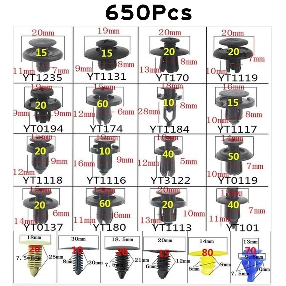 Besper 650個カーファスナークリップ車体プッシュリテーナーピンリベットバンパードアトリムパネルリテーナーファスナーキット取り外しツール