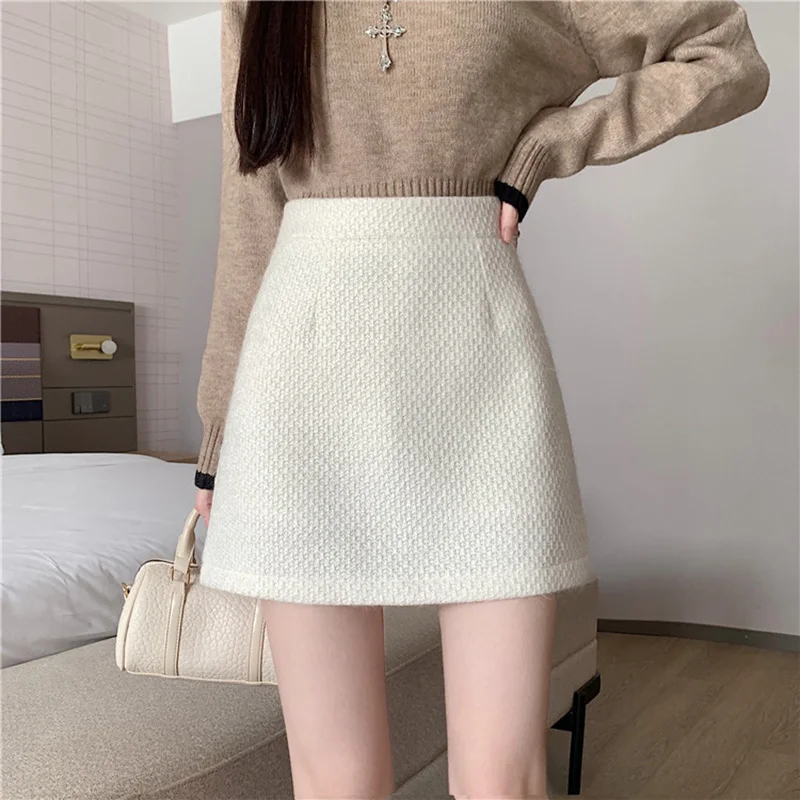 Vrouwen Wollen Sexy Schede Rokken Shiner Slanke A-lijn Rokken Herfst Winter Nieuwe Streetwear Veelzijdige Tweed Korte Rokken
