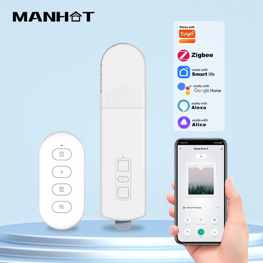 MANHOT Zigbee Smart Electric Chain Roller Blinds Motor Shade Shutter Drive with Remote Work with Tuya Alexa Google Home Alice
