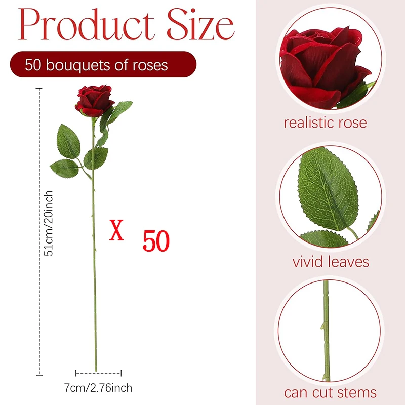 50 PCS Artificial Roses Flowers Velvet Rose Bouquet for Home Wedding Decoration