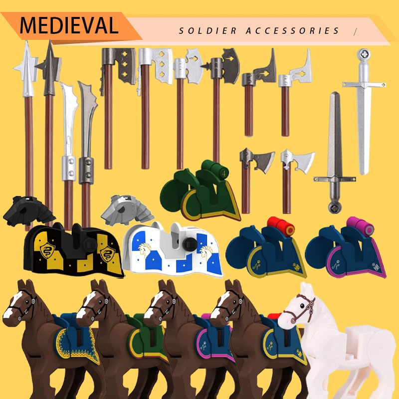 DIY Medieval Castle Sword Spear Battle Axe Accessories Building Blocks Military Soldier Halberd Falchion Warrior Part Bricks Toy