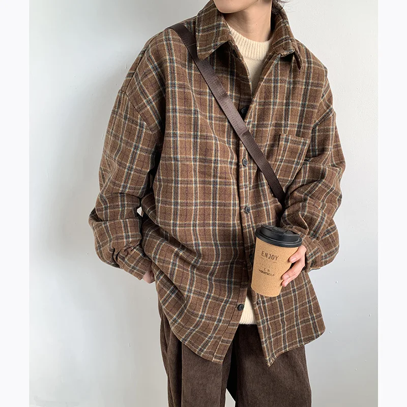 Brown Plaid Shirt For Men, Spring And Autumn Style, Japanese Retro Long-Sleeve Shirt, College Style Casual Jacket, Trendy