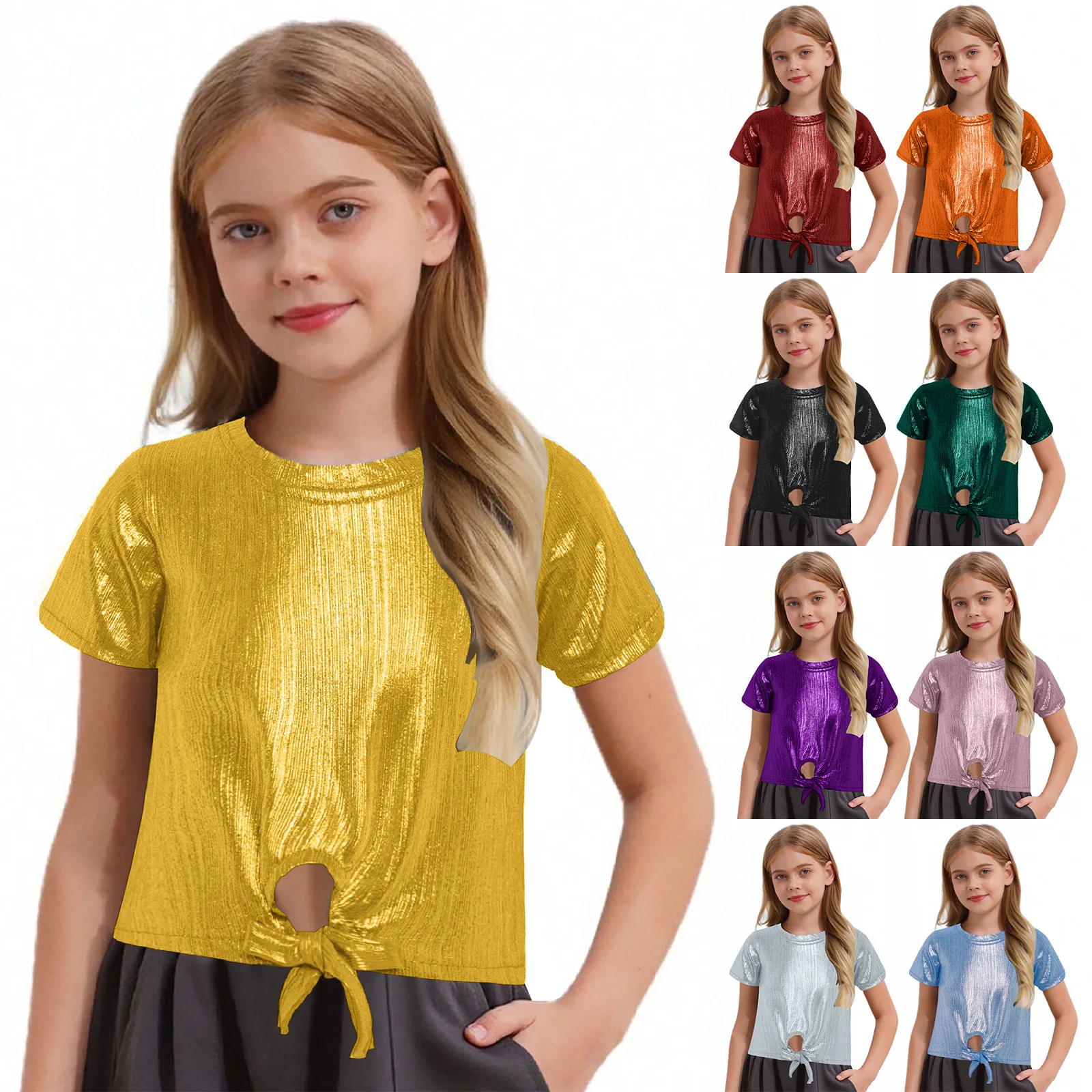 Camicetta a maniche corte a costine metallizzata lucida per bambina, danza jazz, moda, girocollo, per abiti per servizi fotografici di vacanze di compleanno