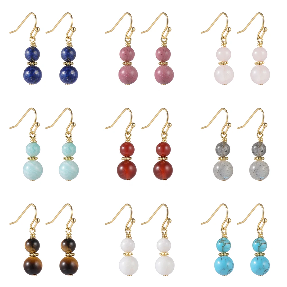 Wholesale Natural Stone Tiger Eye Lapis Rose Quartz Rhodonite Rounds Brass Drop Earrings for Women Jewelry Gifts