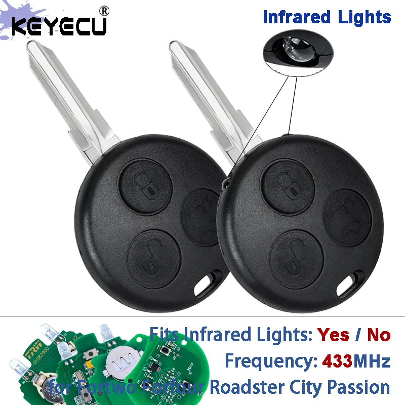 KEYECU NO / with 2 Infrared Lights 433Mhz Remote Key for Smart Fortwo Forfour Roadster City Coupe Crossblade Passion