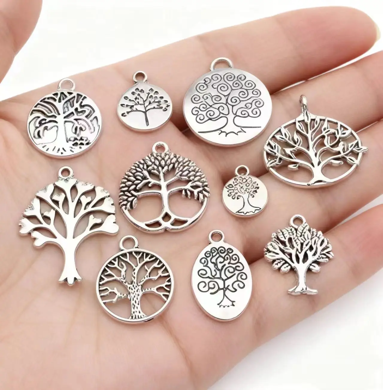 10/20Pcs Vintage Silver Round Hollow Tree of Life Pendant Earring Creative Alloy Accessories Material Charms For Jewelry Making