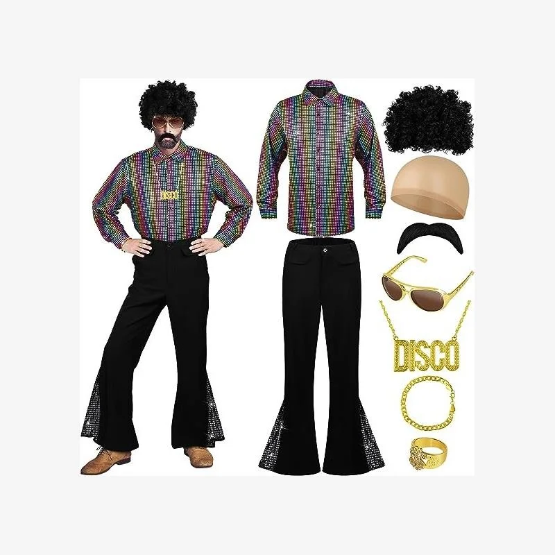 

Мужской классический комплект брюк-клеш в стиле 70-х с яркими пайетками, средней посадкой, прямые штанины, из смесового хлопка, для танцев, нейтральный стиль